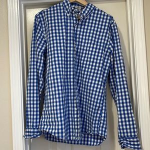 J. Crew men's blue and white gingham button-down shirt, slim fit, size medium.